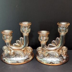 VTG,1950s Pair of Janette Glass Flora-Gold Candle Holders.